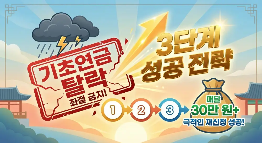기초연금 탈락 후 재신청 성공을 위한 3단계 전략 배너 이미지. 좌절 금지 스탬프가 깨지고 희망찬 3단계 성공 전략과 매달 30만 원 이상의 연금을 받는 돈주머니 아이콘이 연결되어 있습니다.