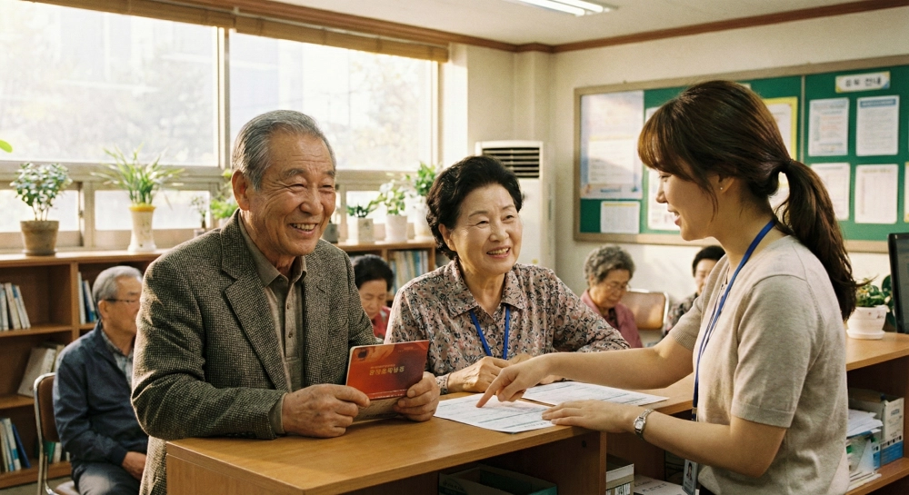 기초연금 상담 후 웃는 노부부 이미지