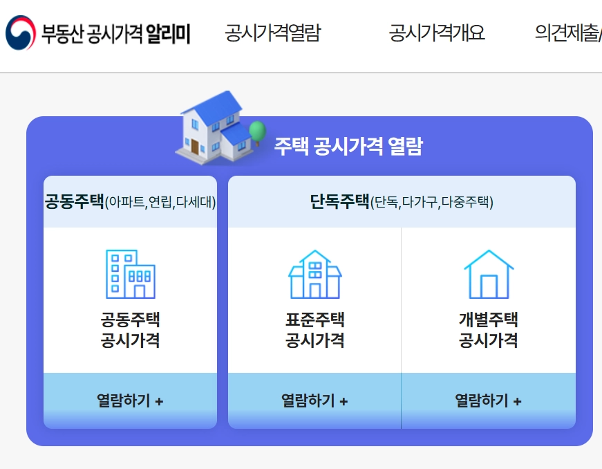 기초연금 재신청을 위한 부동산 공시가격 알리미 사이트 화면. 공동주택 및 단독주택 공시가격 열람 메뉴가 보입니다